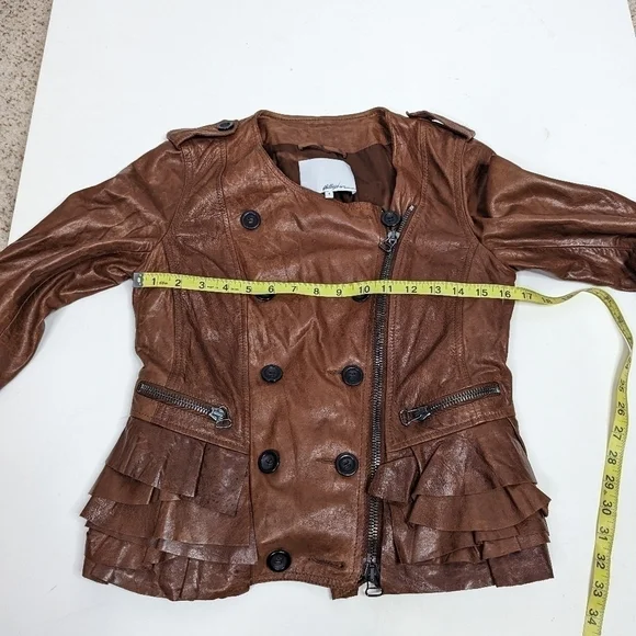 3.1 Phillip Lim Brown Cognac Lambskin Leather Ruffled Zip Up Moto Jacket Size 4 - Picture 9 of 12